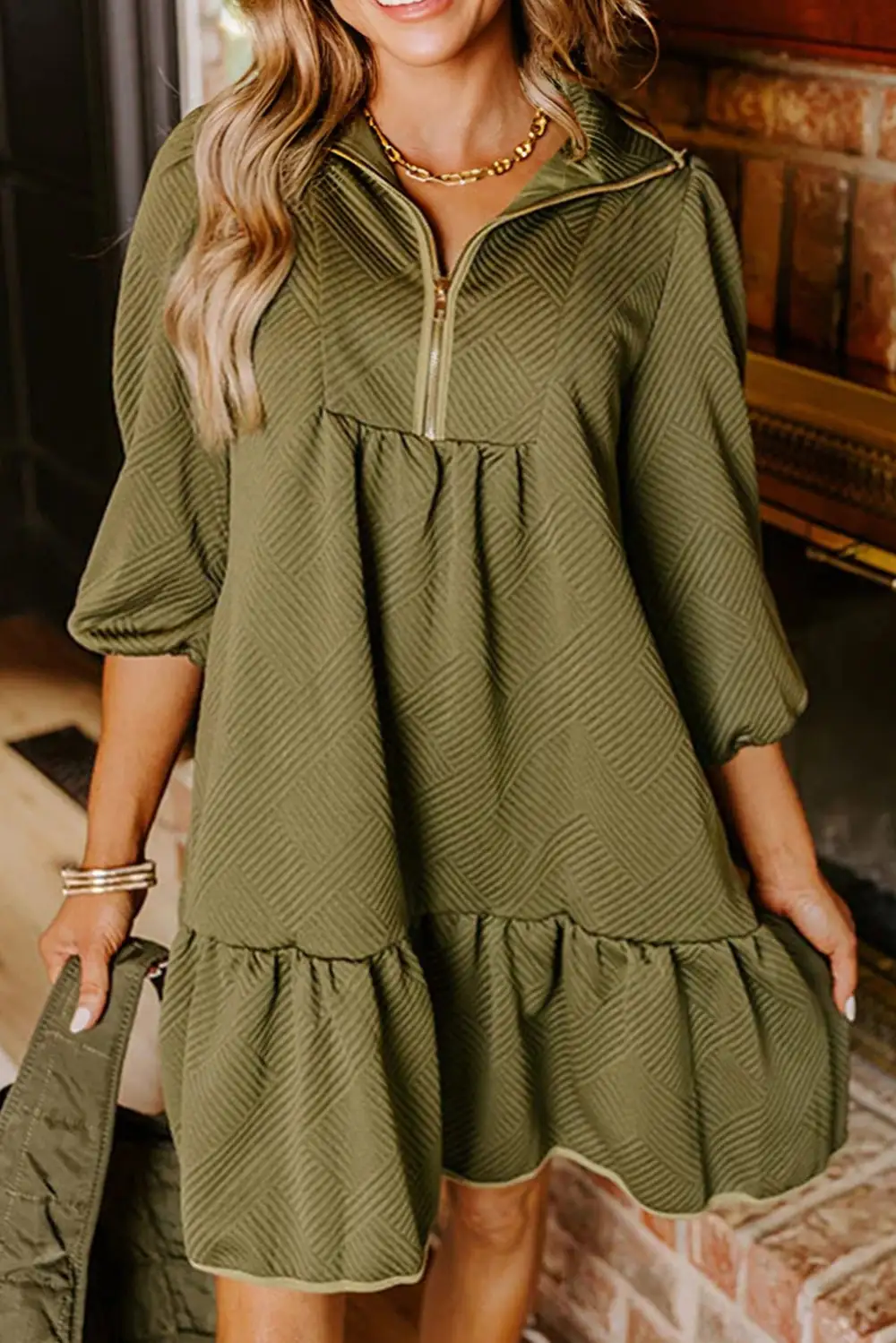 Quarter Zip Collar Bracelet Sleeve Textured Mini Dress