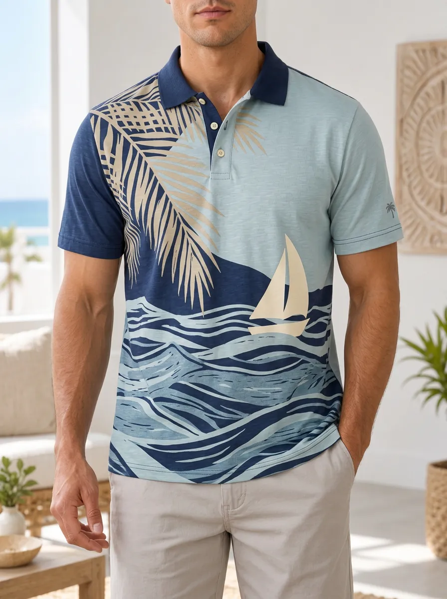 Men's Tropical Beach Sailing Palm Tree Printed Polo Shirt Weekend Casual Style