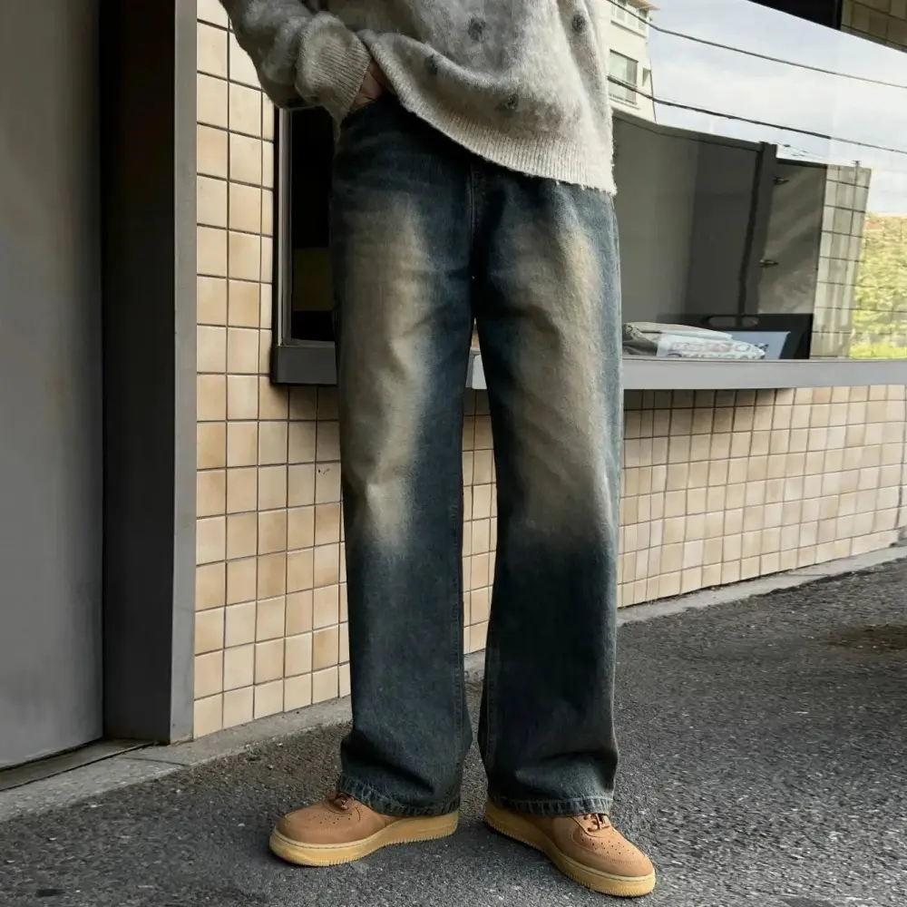 Distressed Faded Straight Leg Jeans