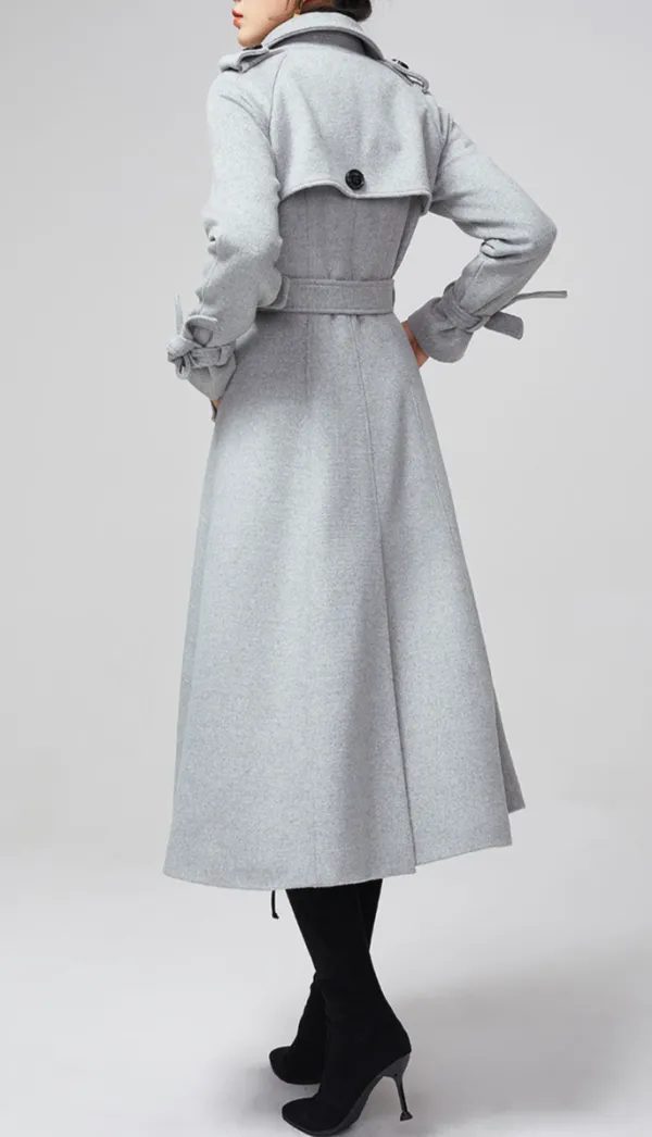 Refined Wool Blend Tailored Double Breasted Lapel Collar Pocketed Midi Coat