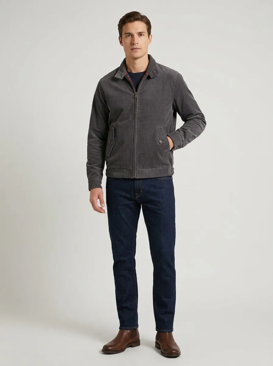 Men's Casual Grey Corduroy Zip-Up Jacket