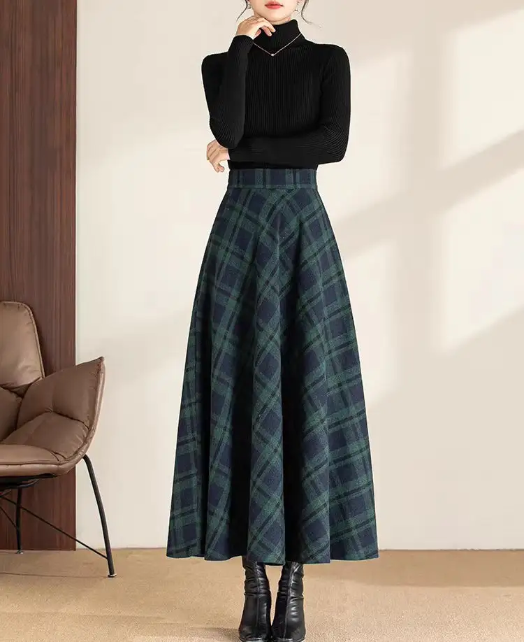 Plaid Wool A Line Maxi Skirt