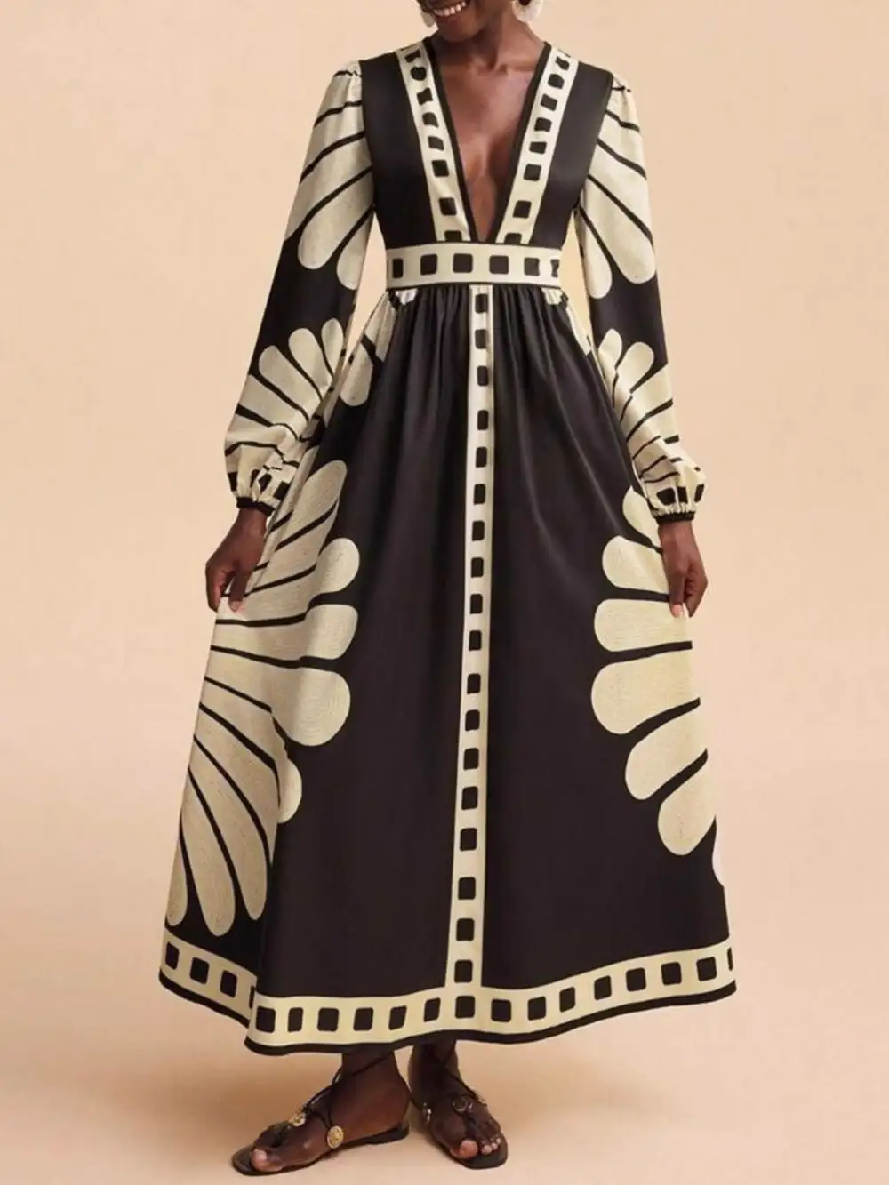 Printed V Neck Long Sleeve Dress Casual
