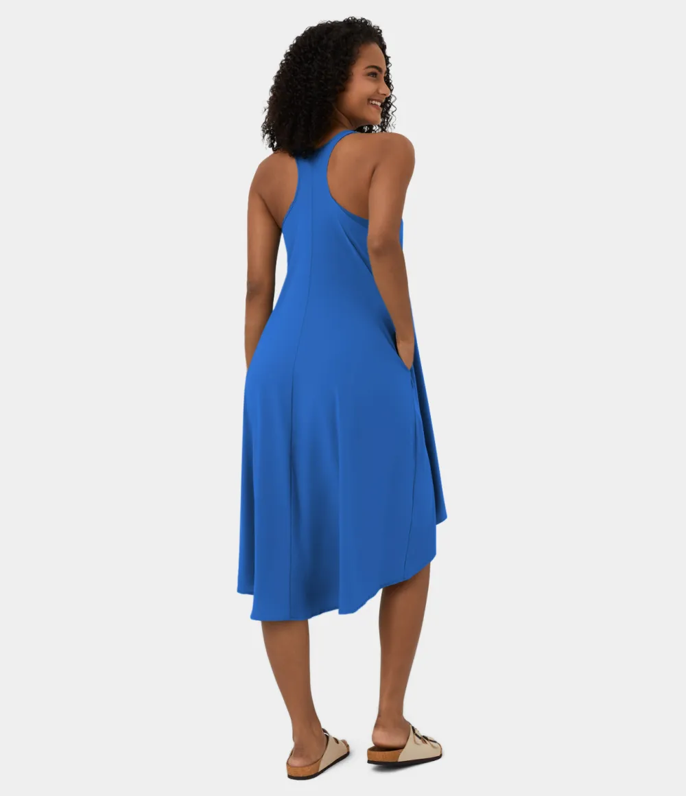 Breezeful Backless Racerback Side Pocket High Low Flowy Midi Quick Dry Casual Dress