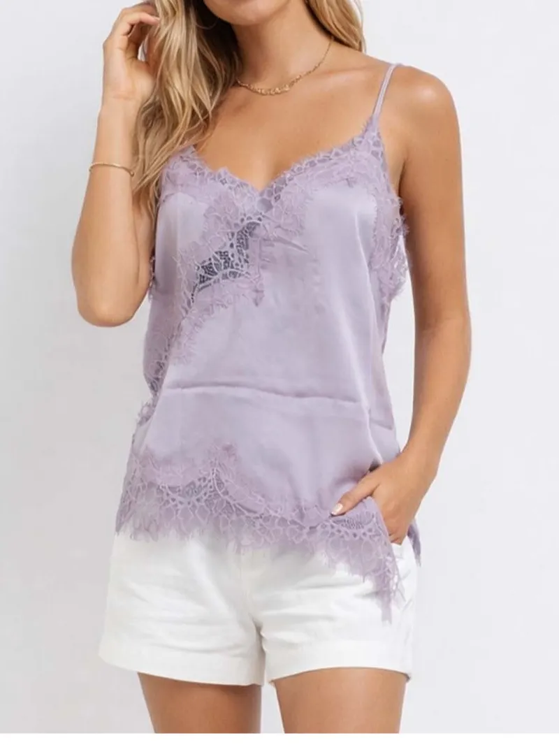 Satin Lace Trim V Neck Irregular Hem Cami Top
