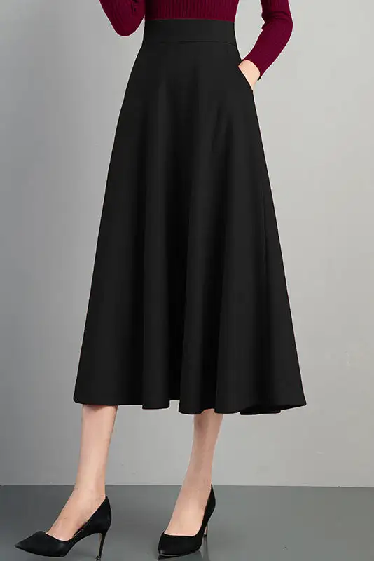 Classic Cotton Blend A Line High Waist Midi Skirt