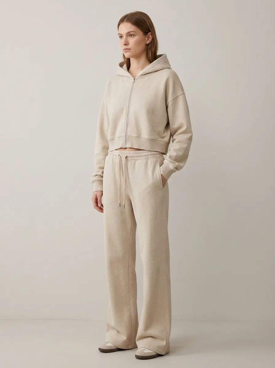 Women's Street Inspired Minimal Cropped Hooded Jacket and Flare Pants Active Set