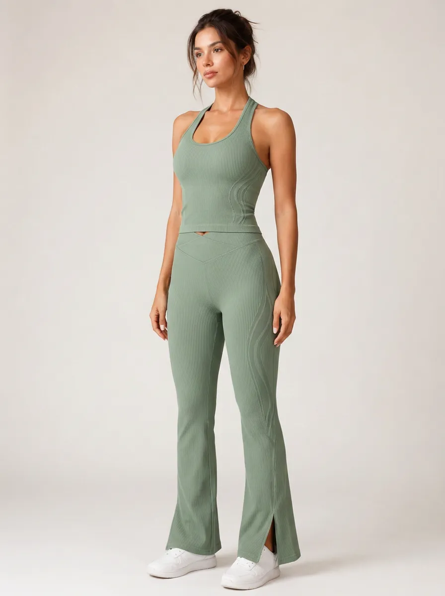 Women's Sage Green Ribbed Racerback Tank Flare Leggings Yoga Set
