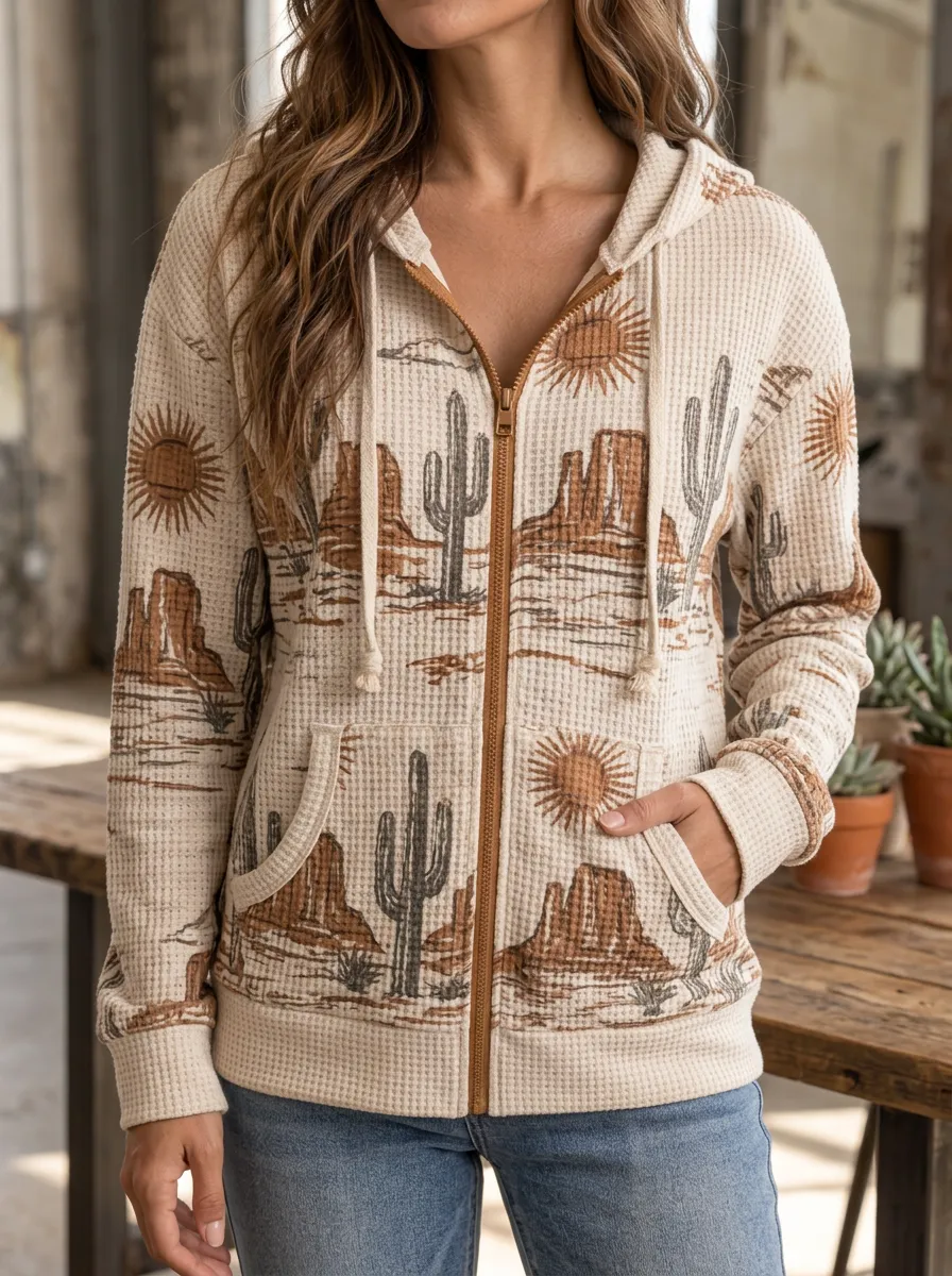 Women's Desert Cactus Sun Printed Waffle Knit Zip Hoodie