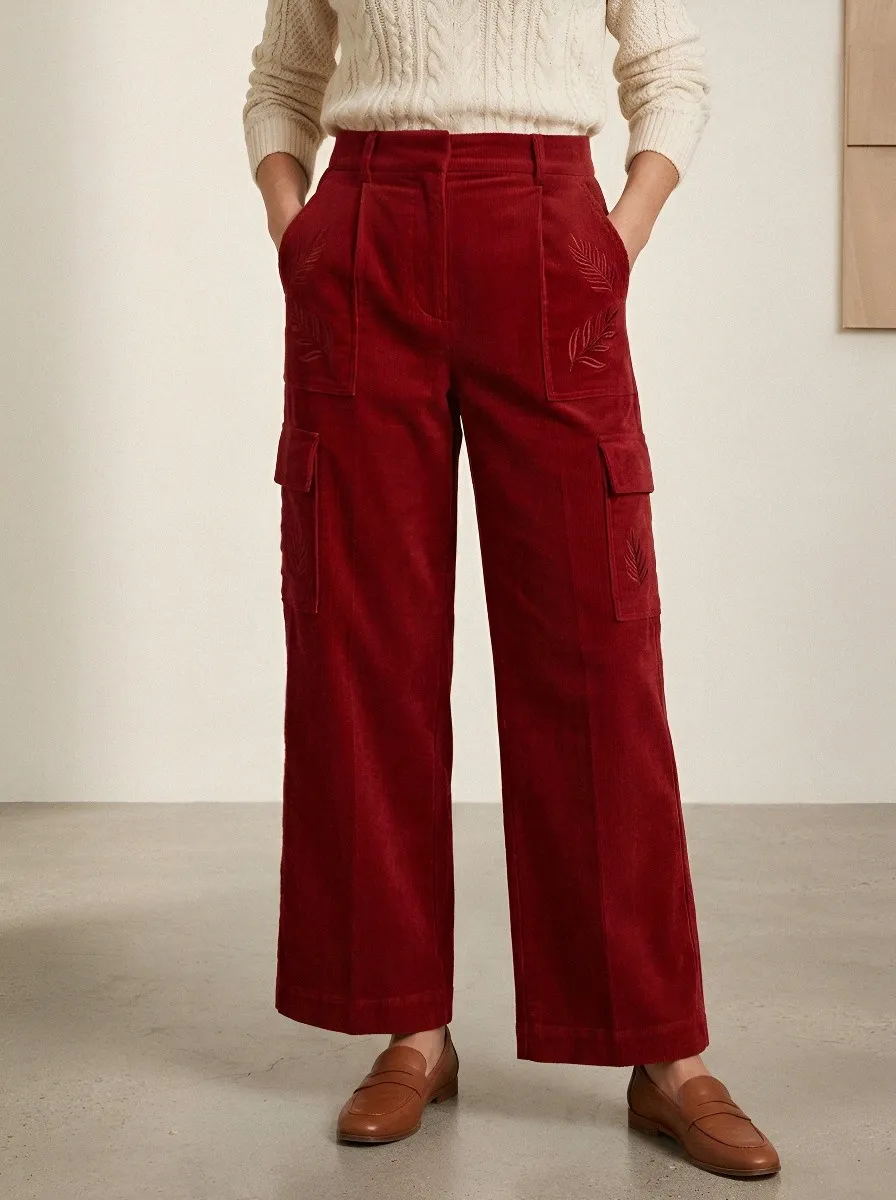 Women's Nature Lover Leaf Embroidered Printed Corduroy Pants