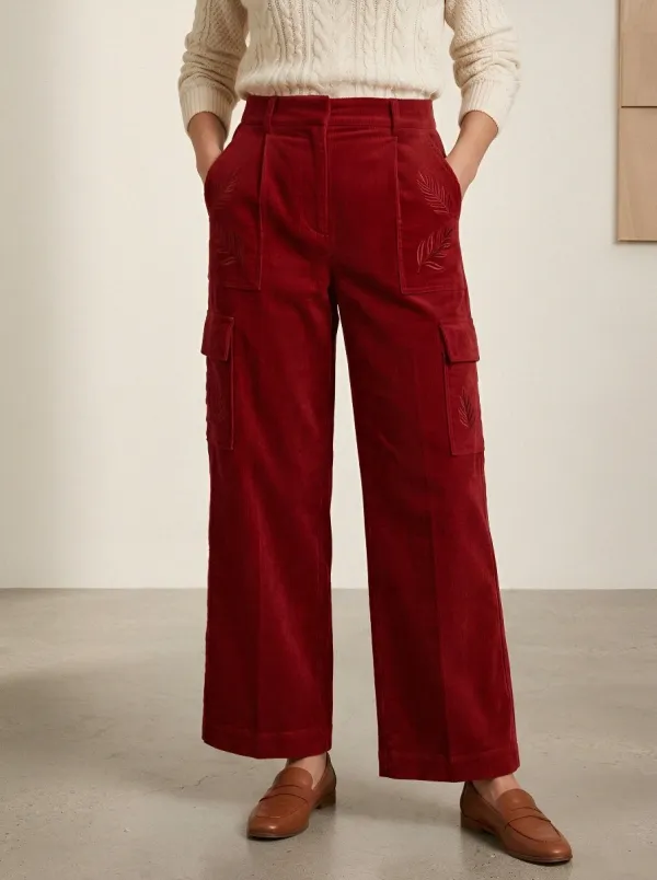 Women's Nature Lover Leaf Embroidered Printed Corduroy Pants