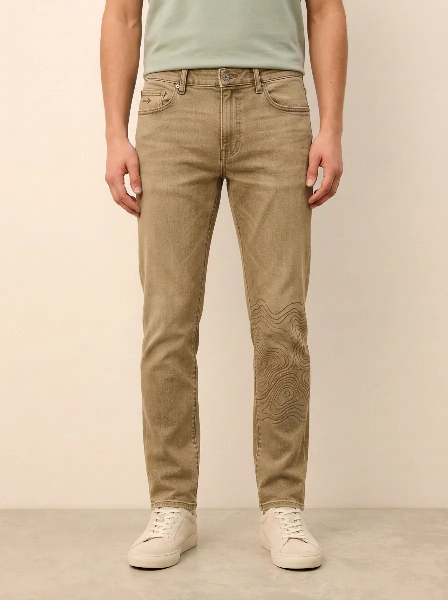 Men's Light Wash Outdoor Topographic Map Stretch Jeans