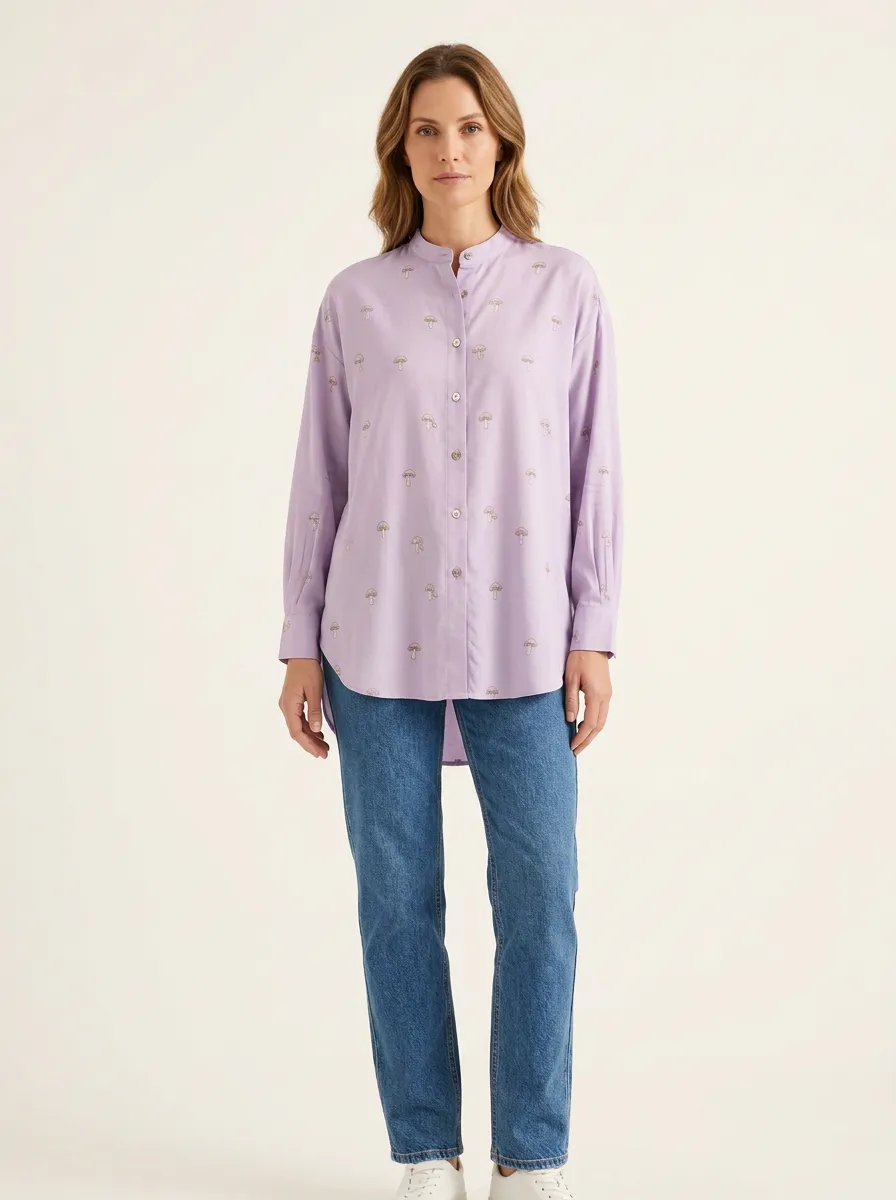 Women's Mushroom-Print High-Low Mandarin Shirt