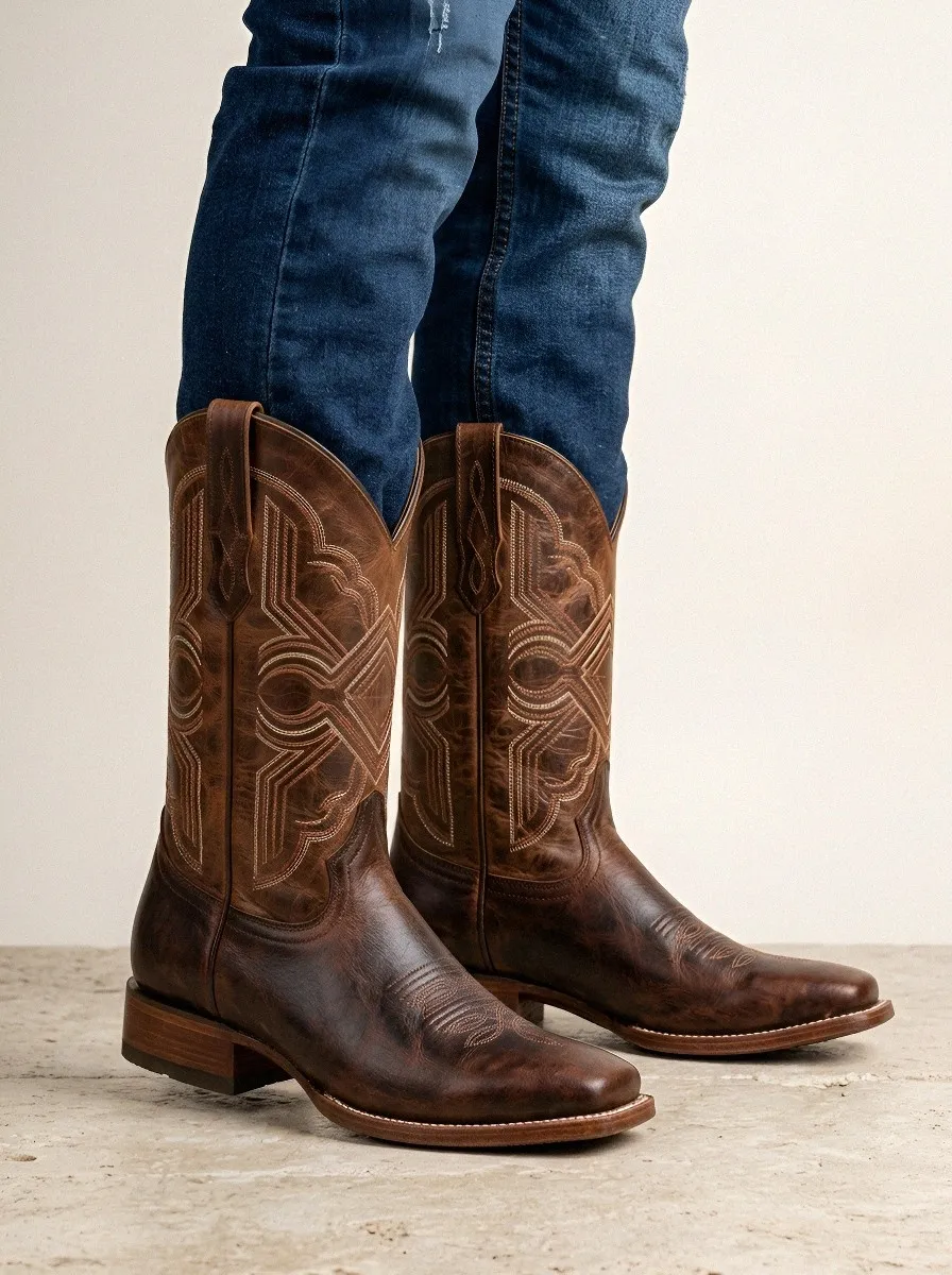 Men's Western Cowboy Distressed Embroidered Square Toe Boots