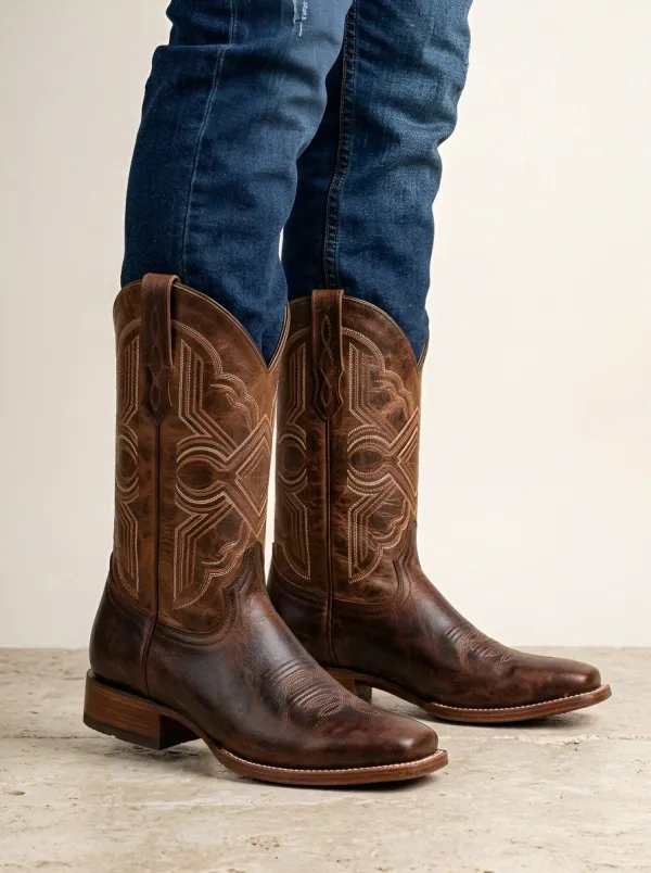 Men's Western Cowboy Distressed Embroidered Square Toe Boots