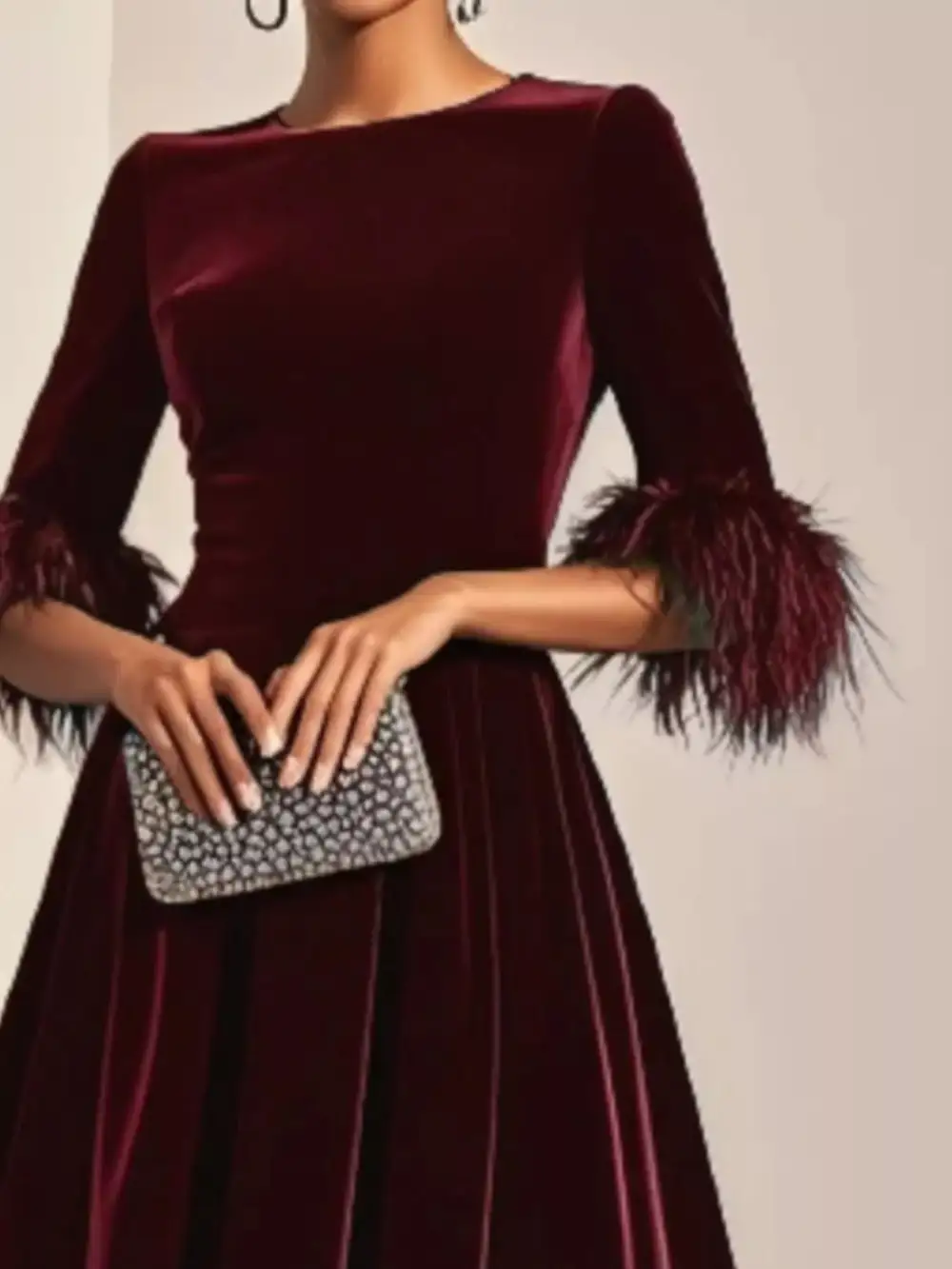 Velvet Midi Dress with Feather Cuffs