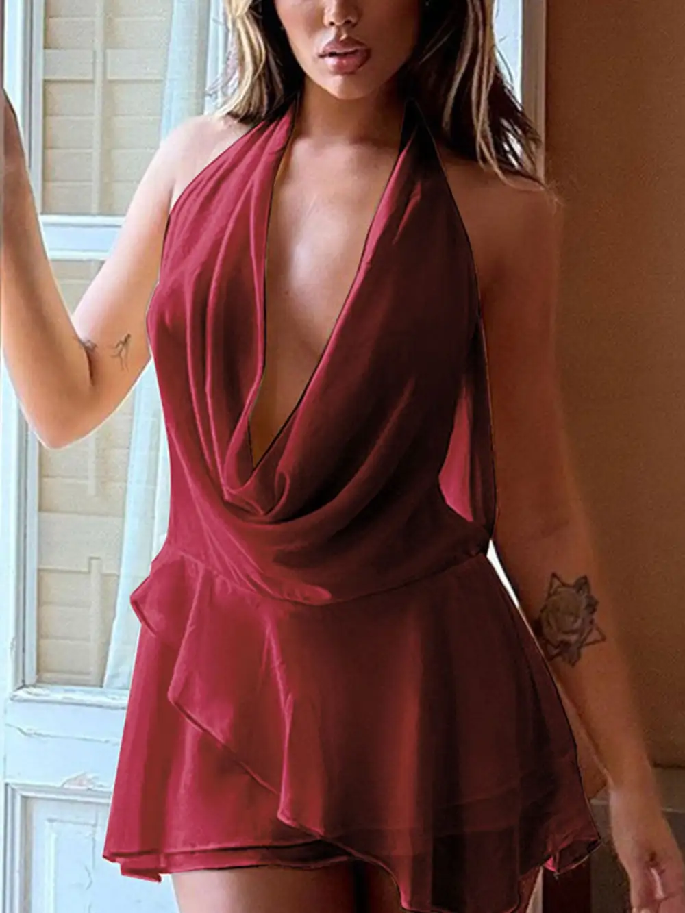 Gathered Detail Ruffle Mini Dress