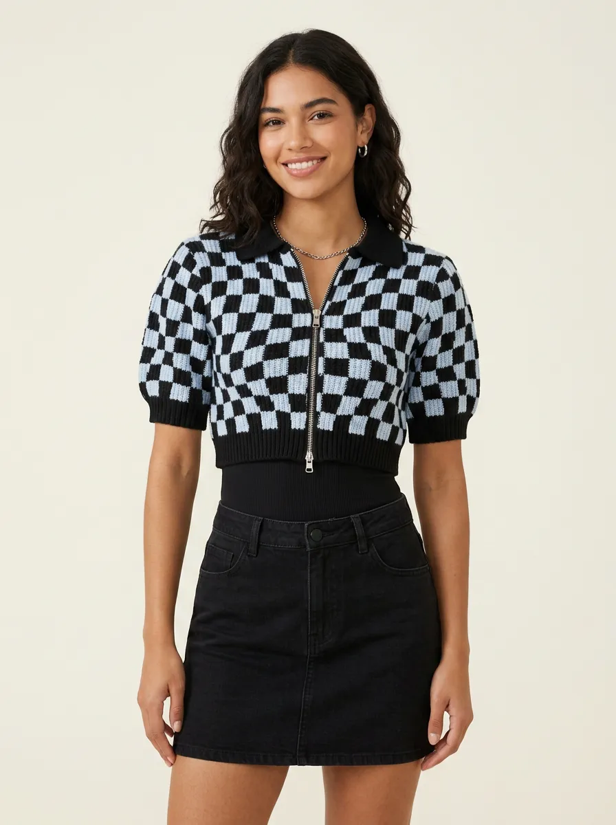 Women's Retro Style Blue Black Checkerboard Pattern Zip Up Knit Top