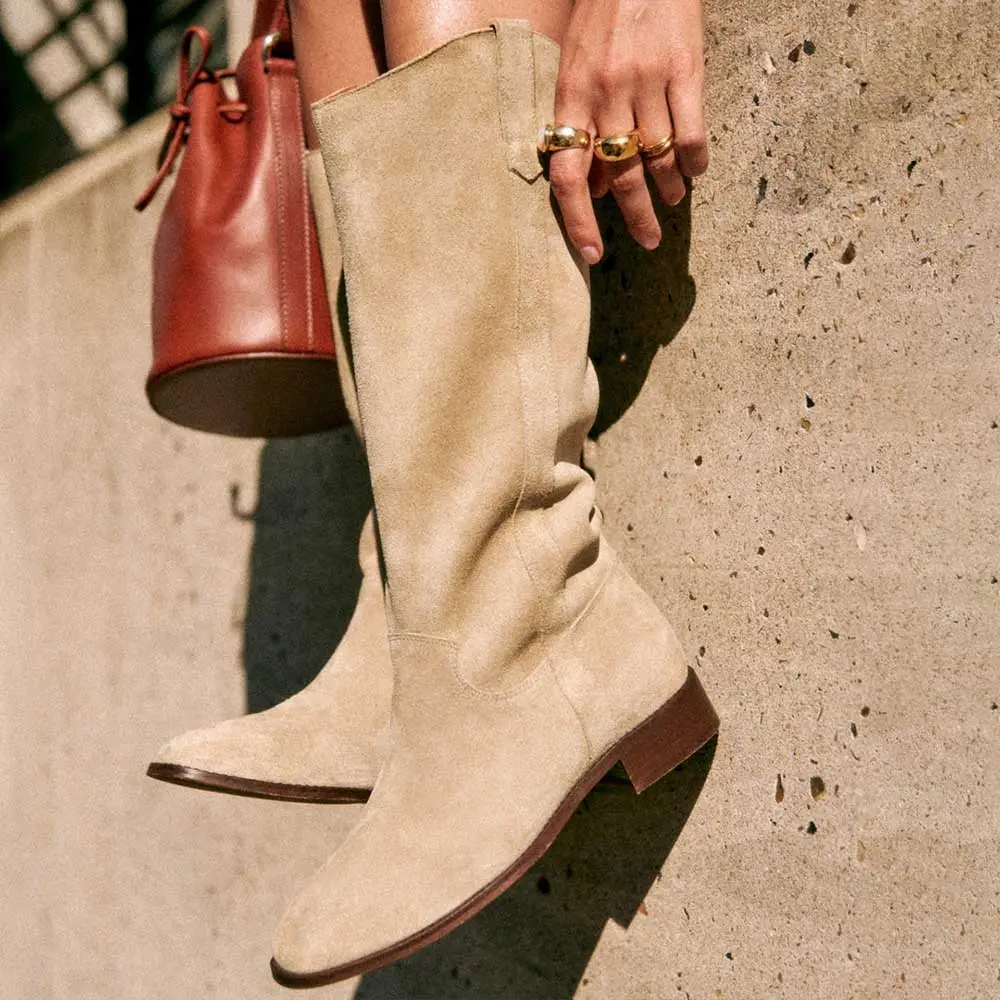 Faux-Suede Square-Toe Chunky-Heel Block-Heel Mid-Calf Boots