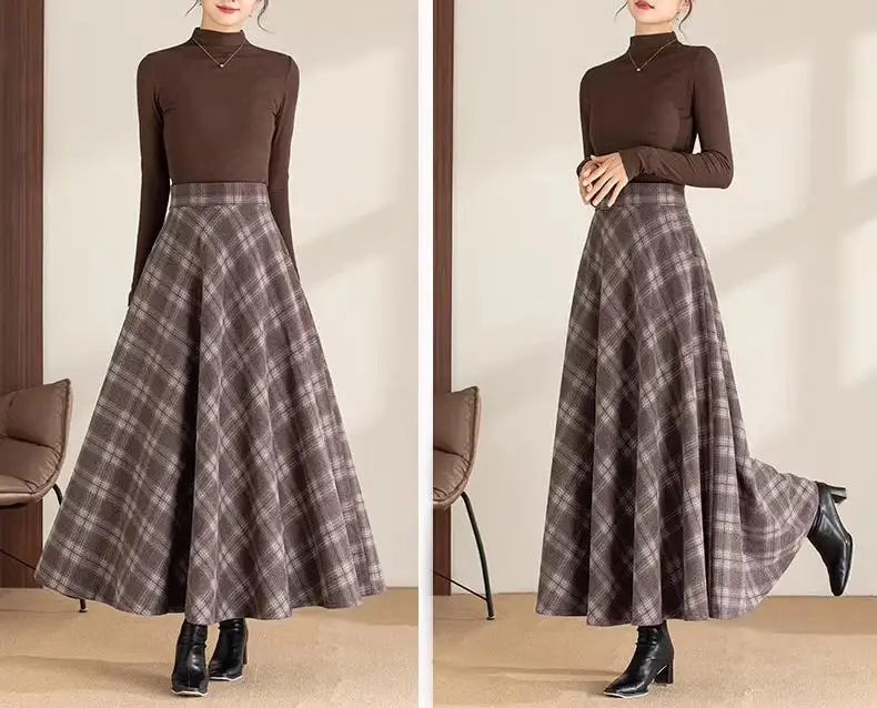 Plaid Wool A Line Maxi Skirt