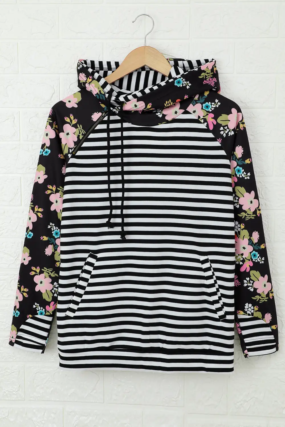 Striped Floral Print Long Sleeve Zipper Hoodie