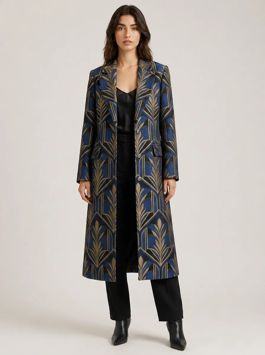 Women's Art Deco Geometric Gold Blue Printed Long Coat