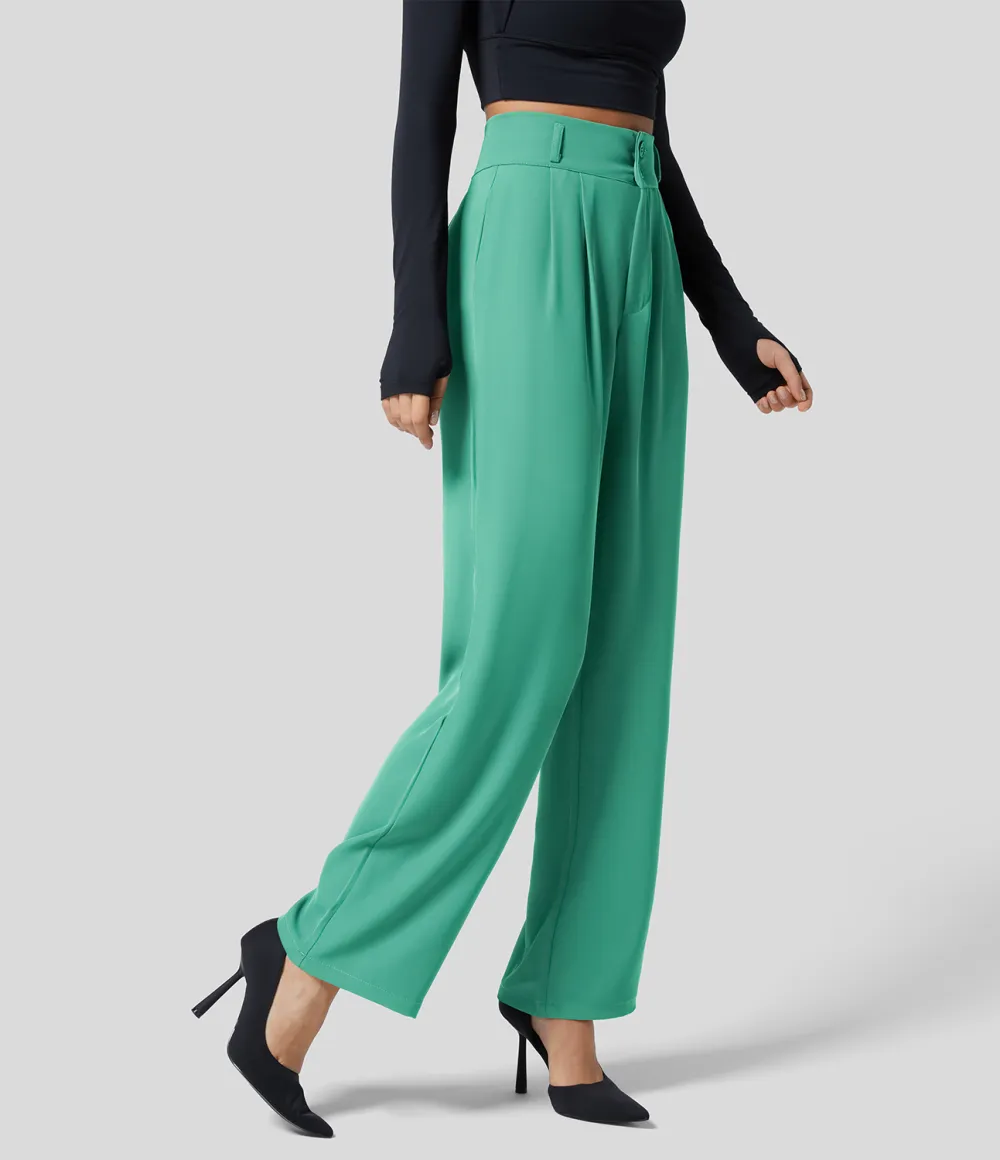High Waisted Button Zipper Plicated Side Pocket Shirred Straight Leg Work Pants