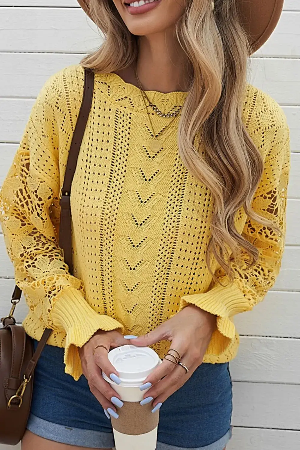 Long Sleeve Round Neck Openwork Sweater