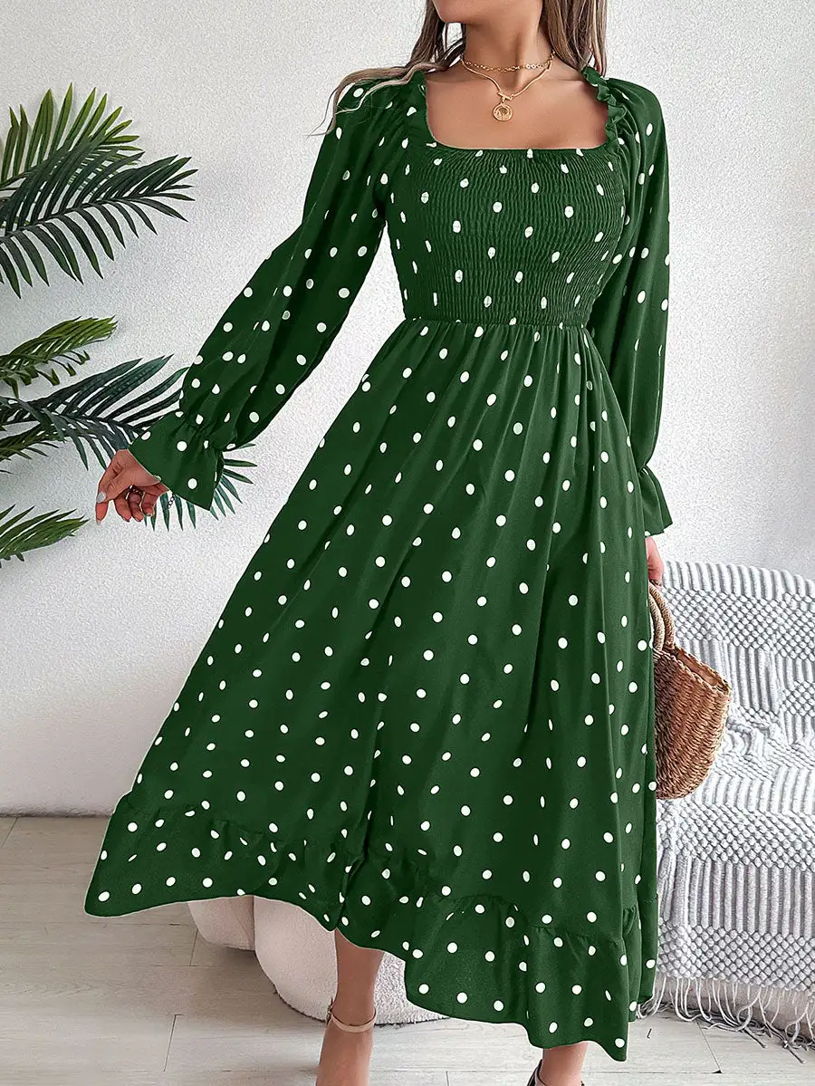 Pleated Ruffled Polka Dot Long Neck Shirt