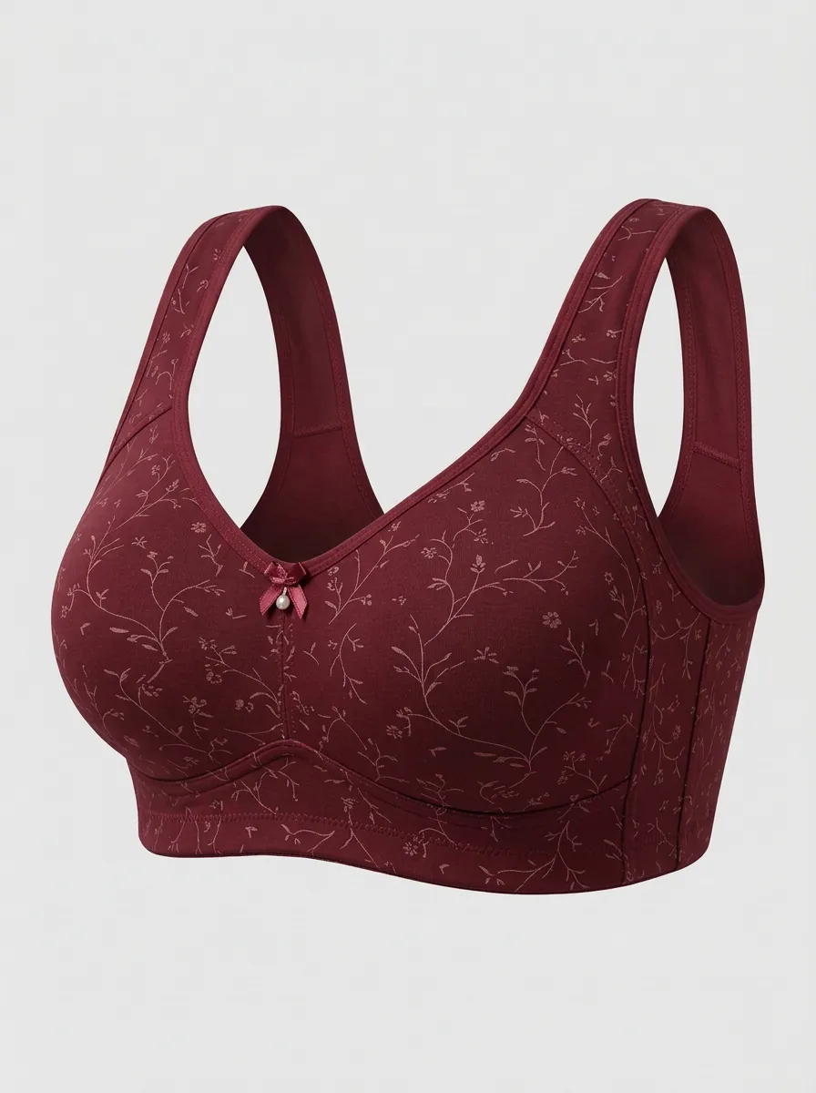 Women's Plus Size Beige Floral Vine Full-Coverage Wide-Strap Wireless Bra