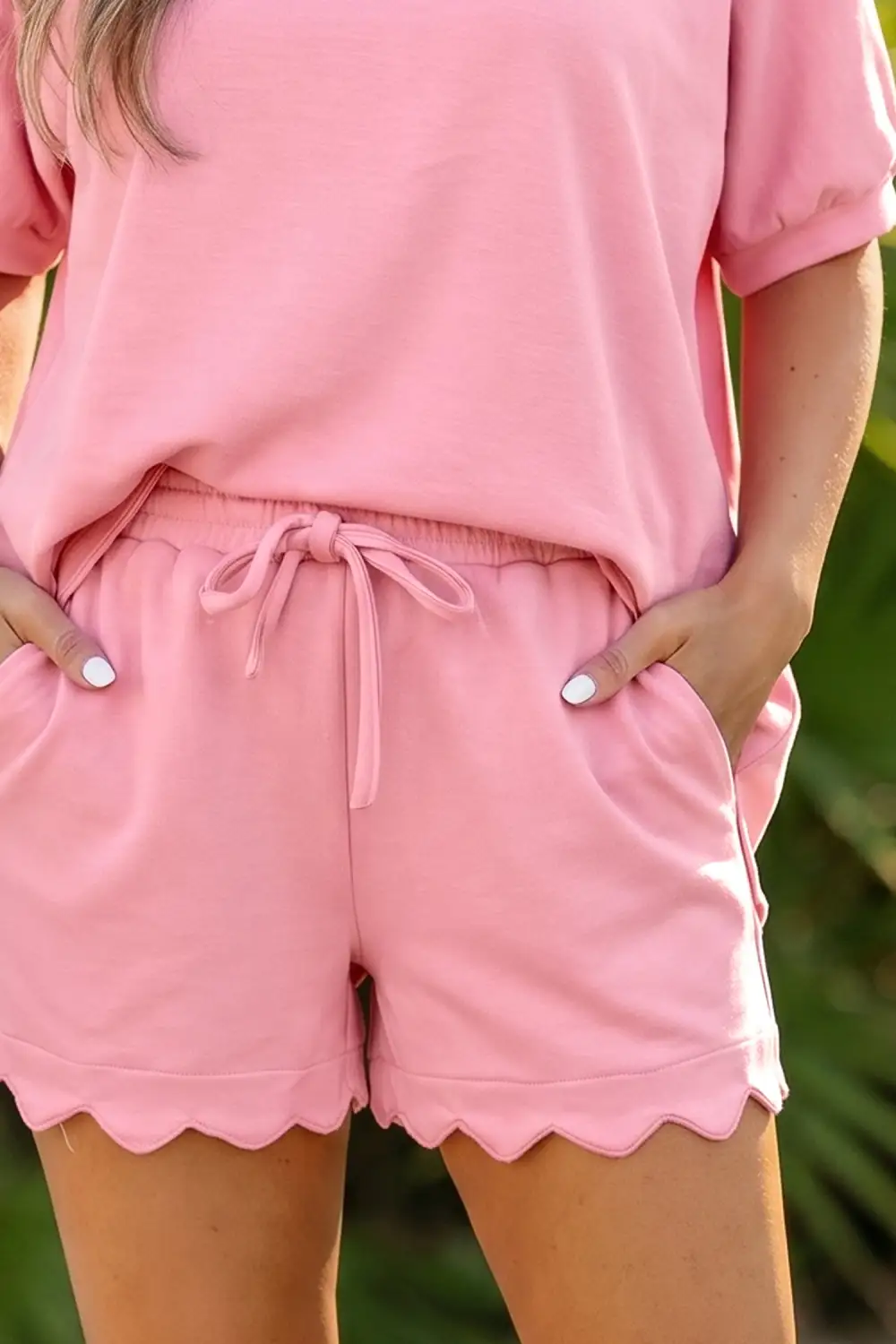 Women's Scalloped V Neck Dolman Oversize Top Drawstring Short Set