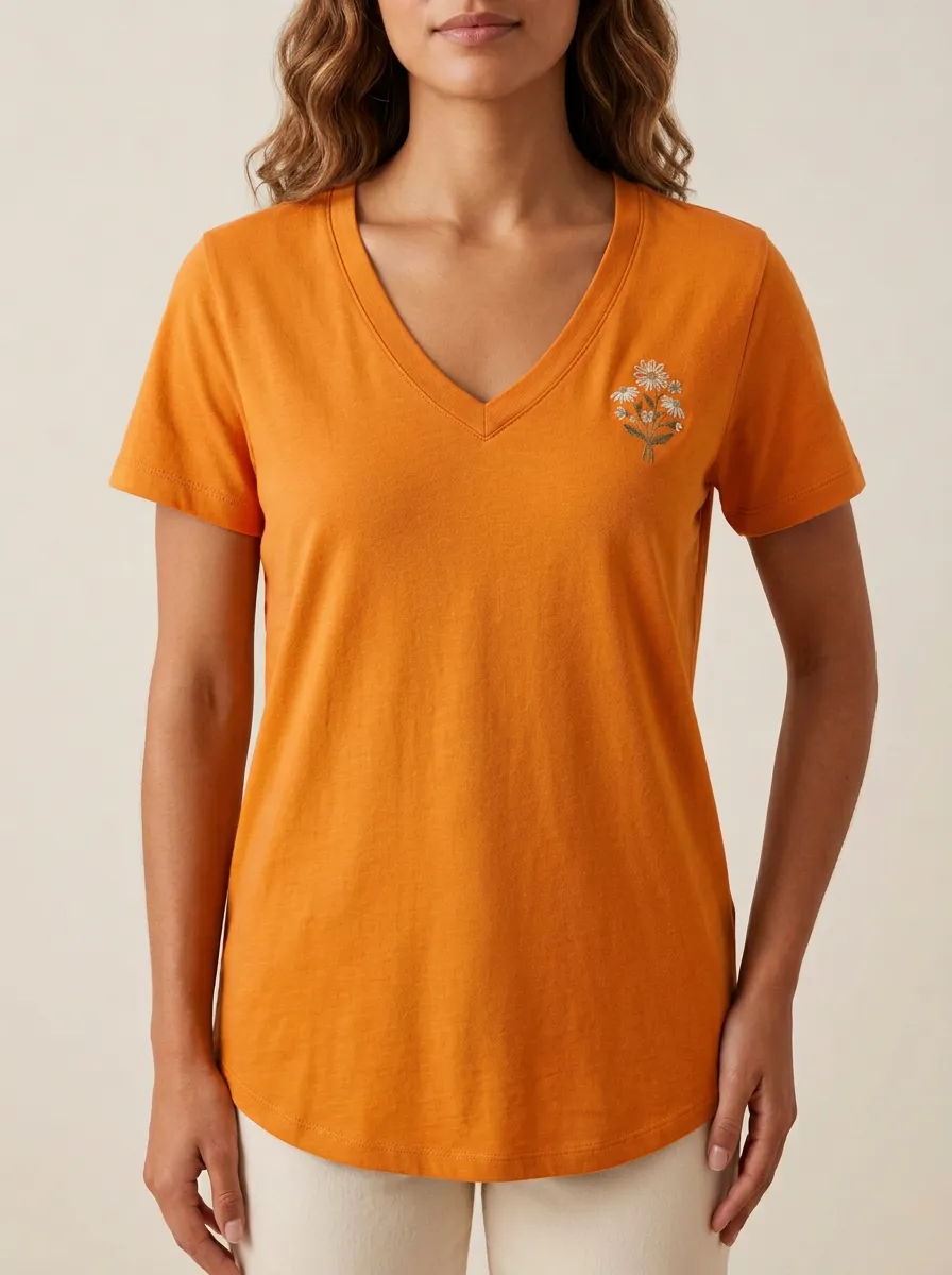 Women's Floral-Embroidered Curved-Hem V-Neck T-Shirt