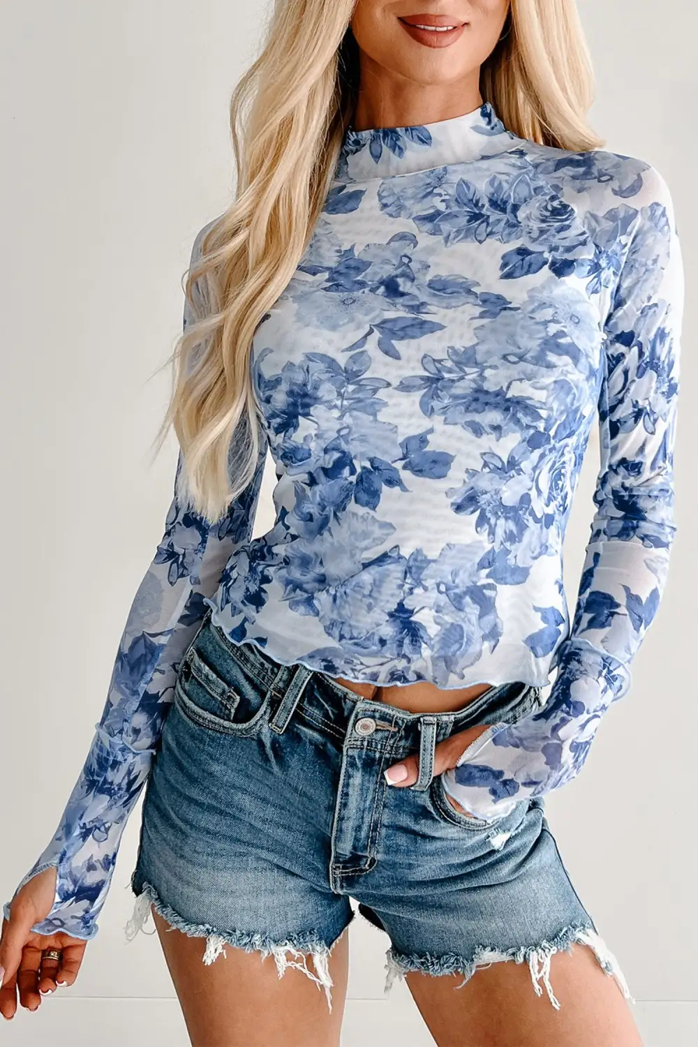 Floral Print Stand Neck Mesh Stretch Fabric Long Sleeve Top