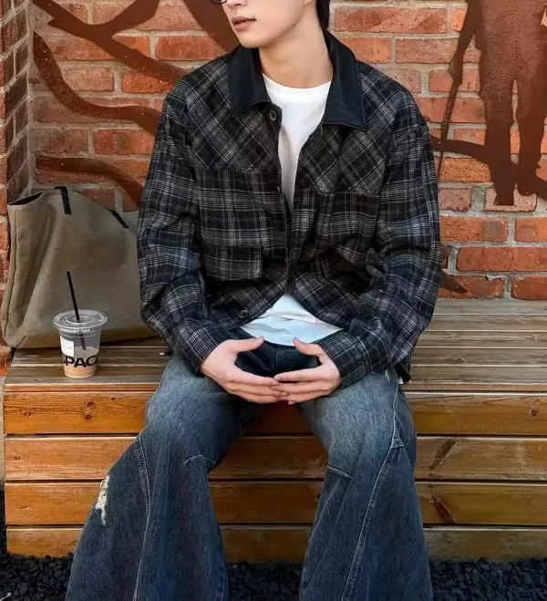 Spliced Collar Plaid Overshirt