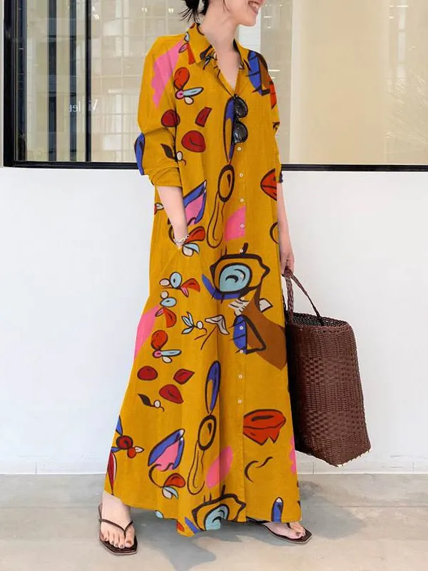 Sleeves Printed Buttoned Long Shirt Maxi Dress
