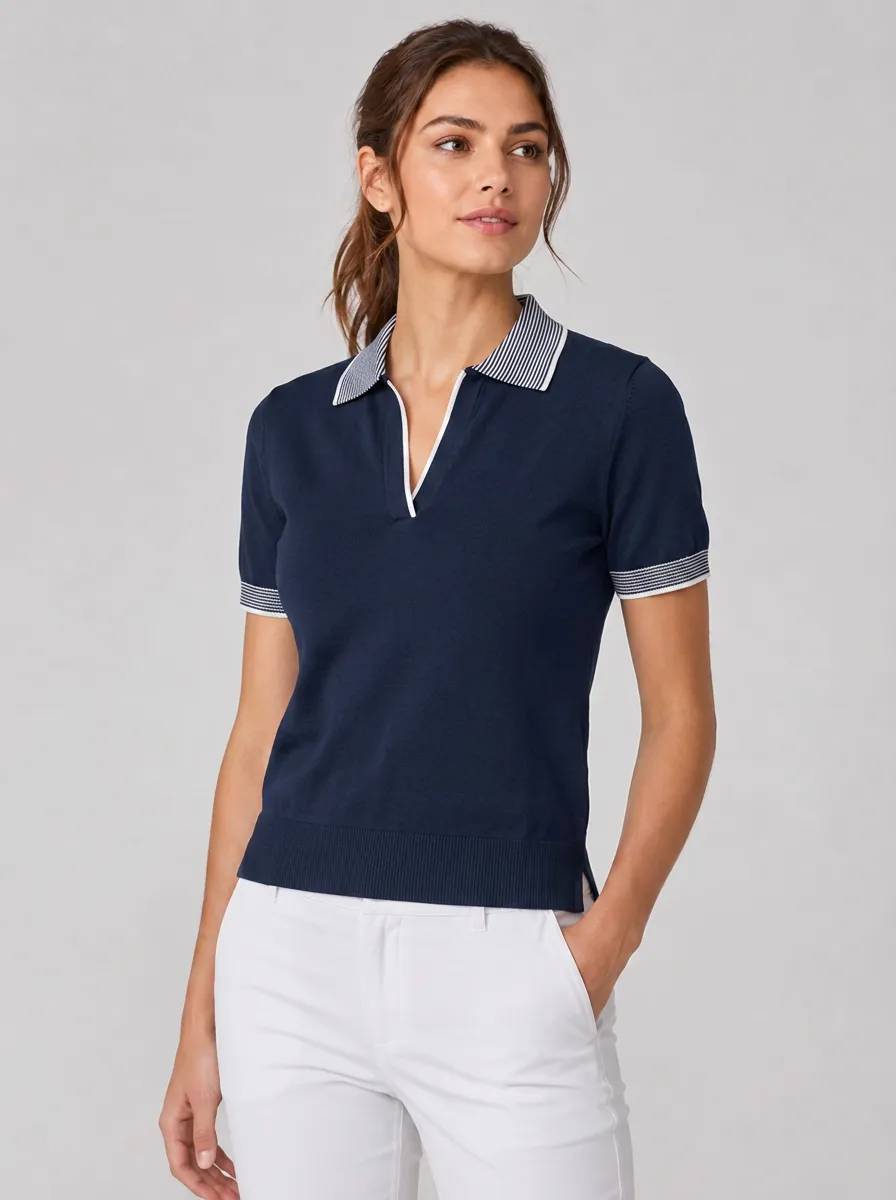 Women's Equestrian Lover Striped Trim V-Neck Polo Shirt