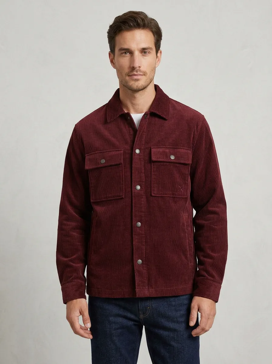 Men's Casual Grey Corduroy Button-Down Overshirt Jacket