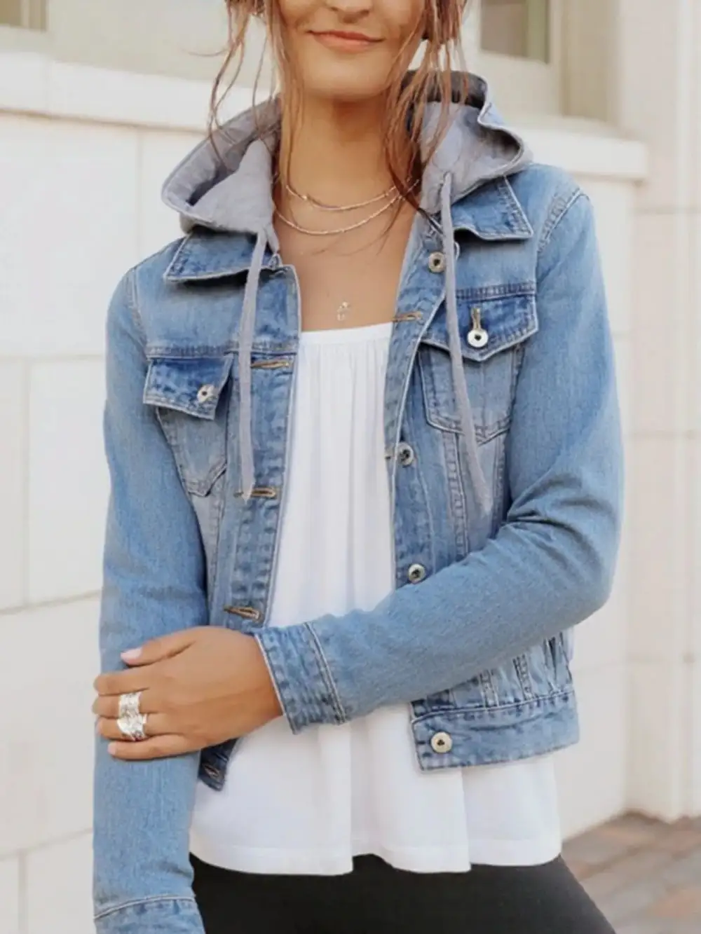 Button Up Drawstring Hooded Denim Jacket Plus Size Available