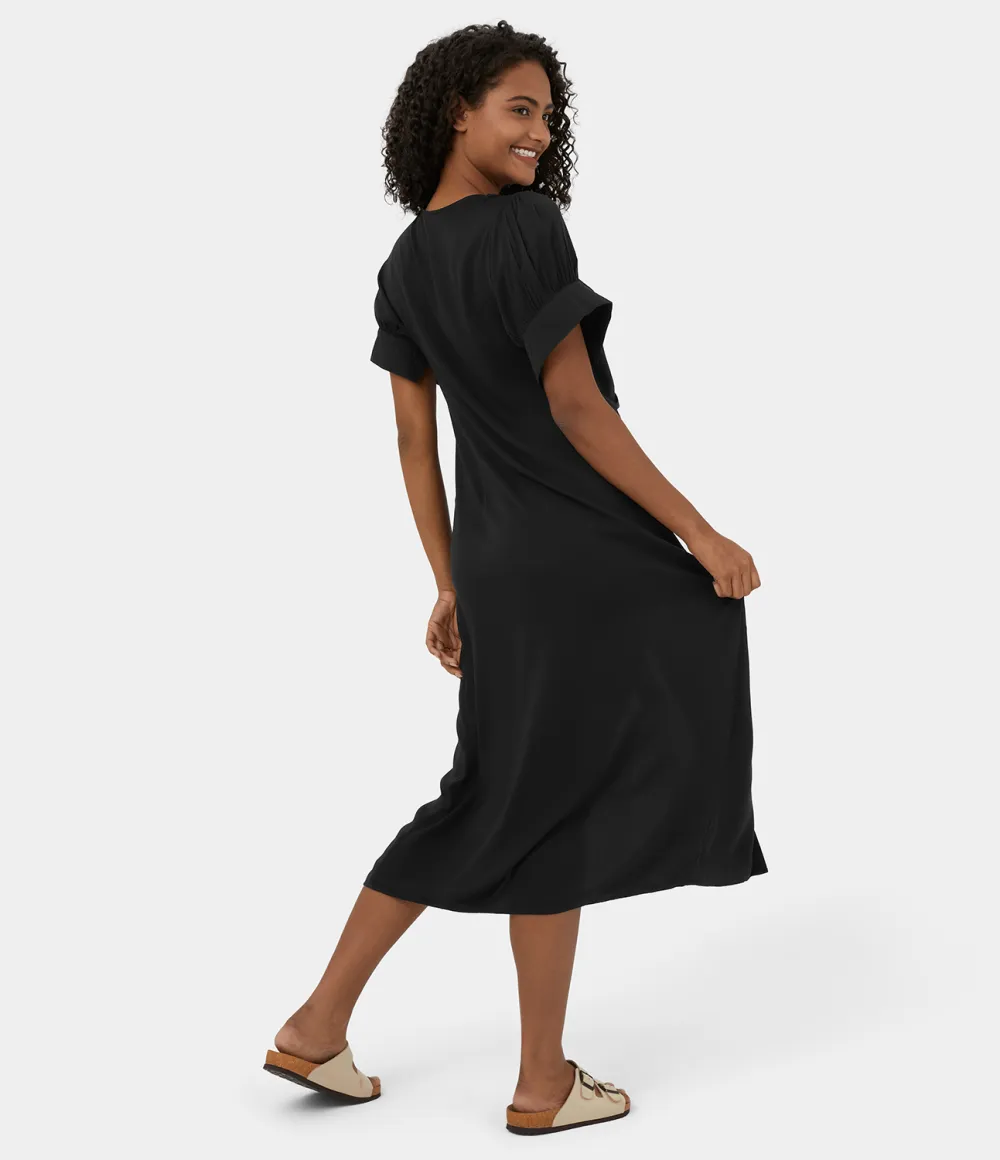 Deep V Neck Bishop Sleeve Button Tie Front Ruched Midi Casual Dress