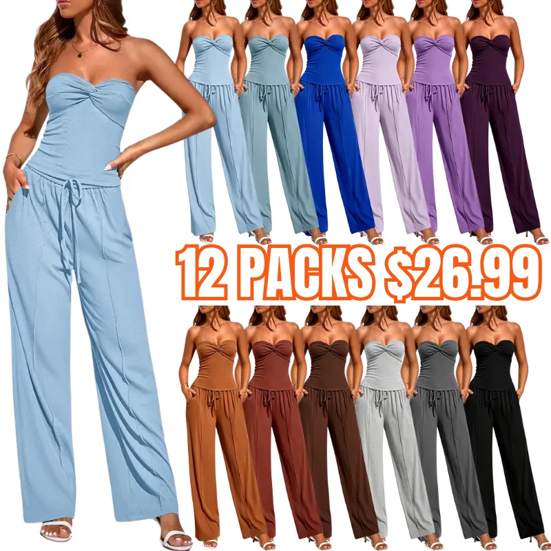 Ribbed Strapless Twist Knot Tube Top Pants Set