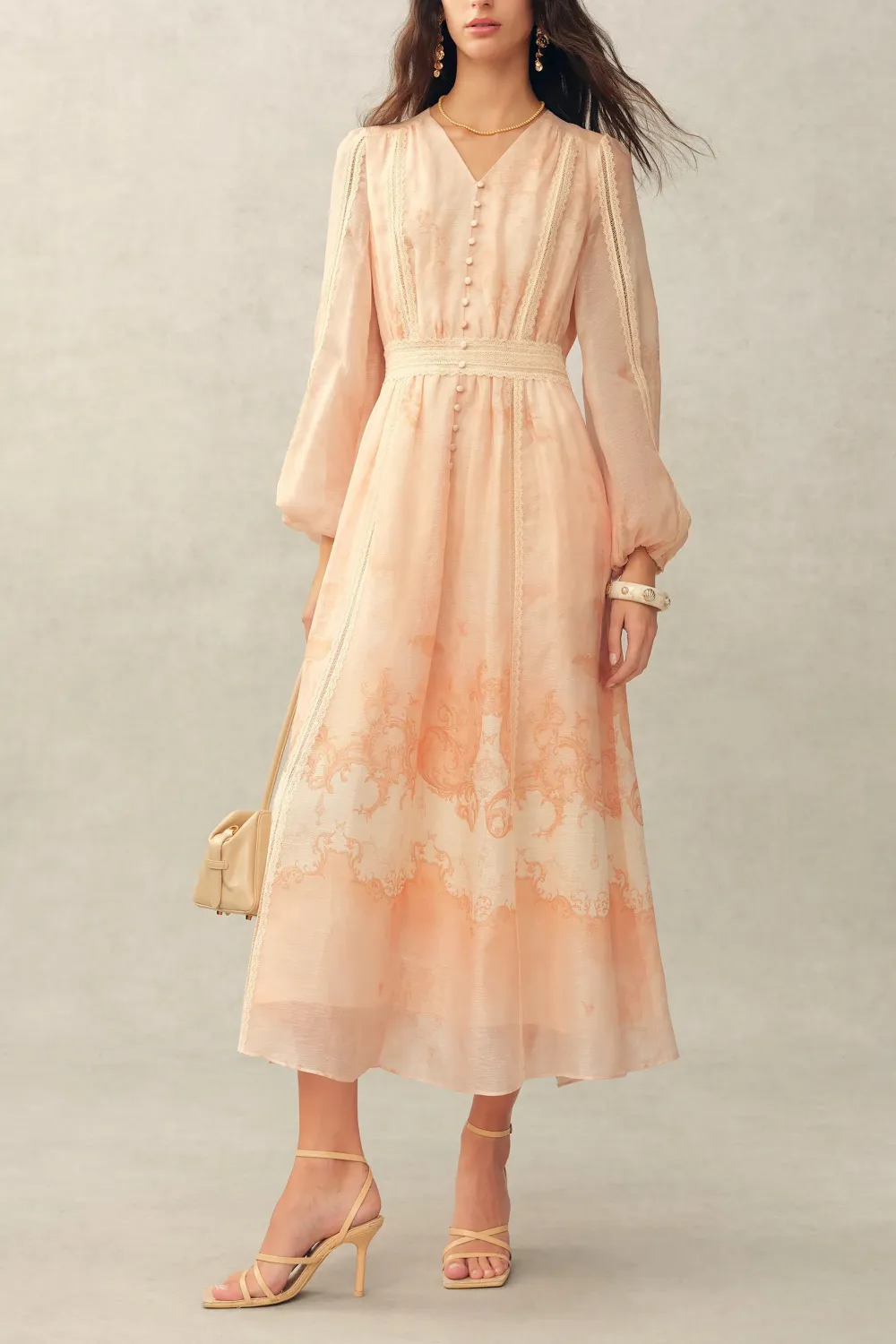Lace Hand-Painted Floral Silk Linen Organza Midi Dress