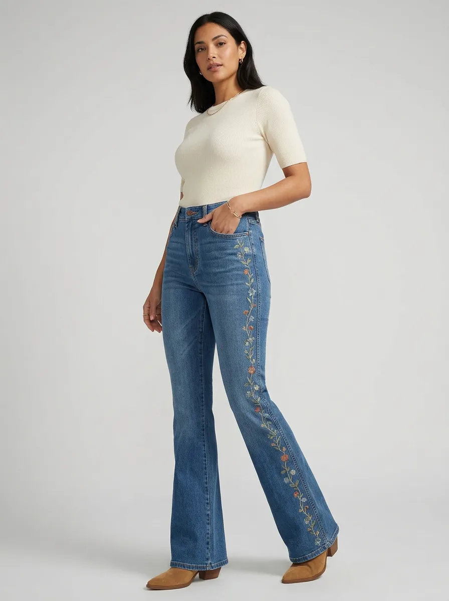 Women's Floral Vine Embroidered High Rise Flare Jeans
