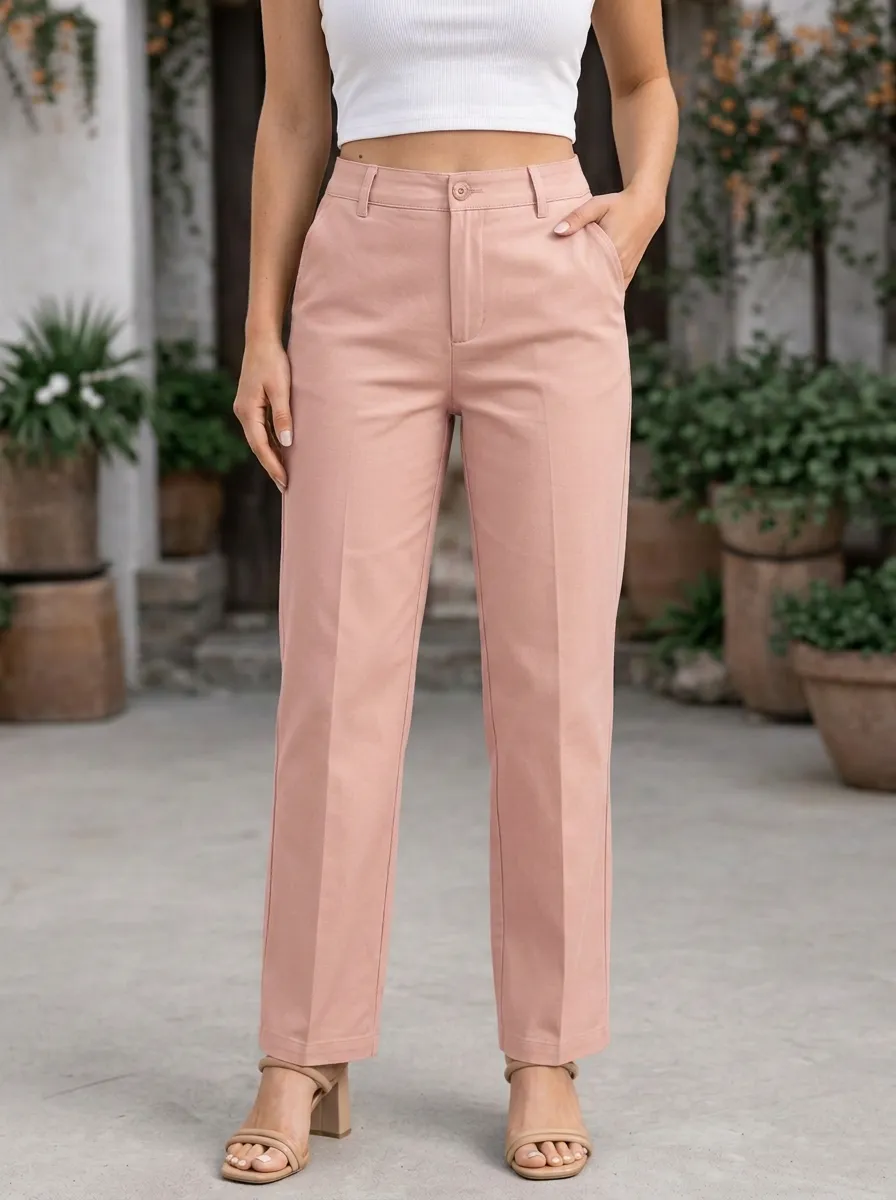 Women's Casual Minimalist Khaki Mid-Rise Straight Leg Pants