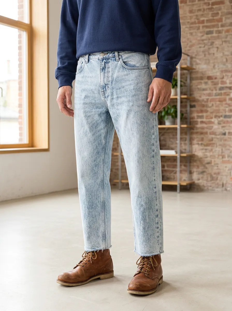 Men's Acid Wash Raw Hem Denim Jeans