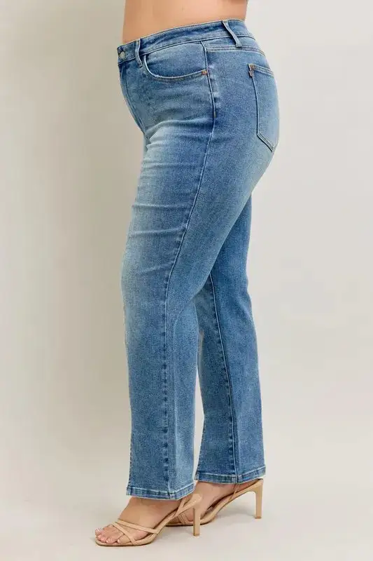 High-Waist Distressed Vintage-Wash Front-Seam Straight Leg Jeans