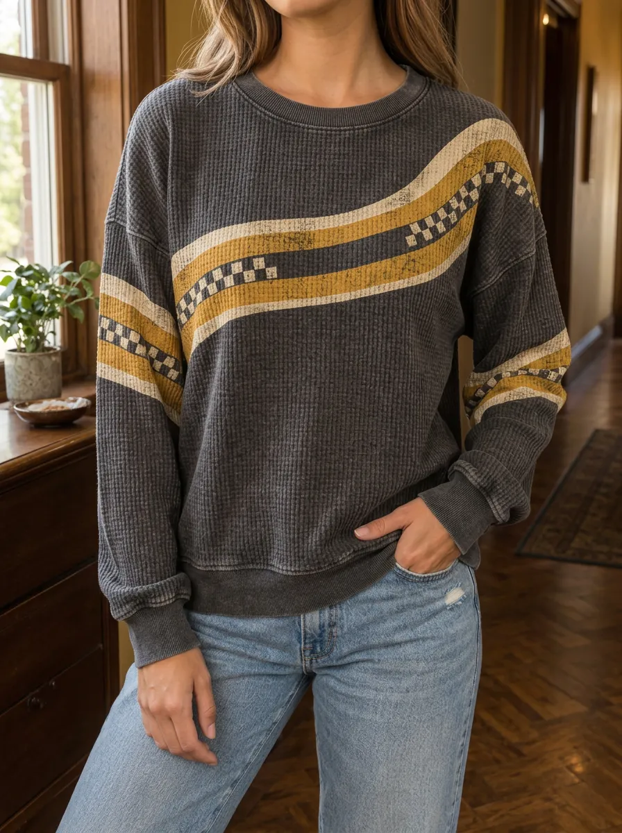 Women's Vintage Checkered Stripe Printed Waffle Knit Crewneck Sweatshirt