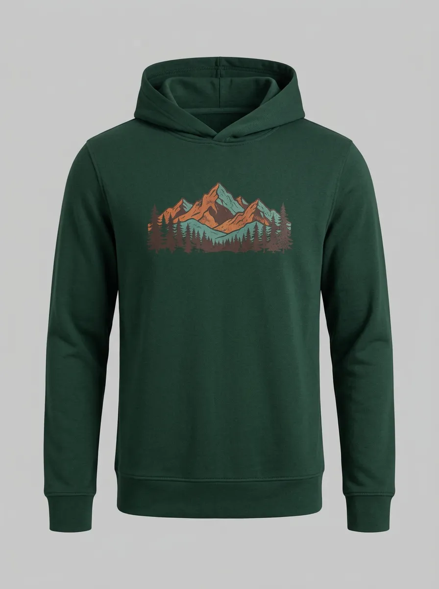 Men's Mountain Forest Graphic Pullover Ribbed-Cuff Crossover-Neck Hoodie