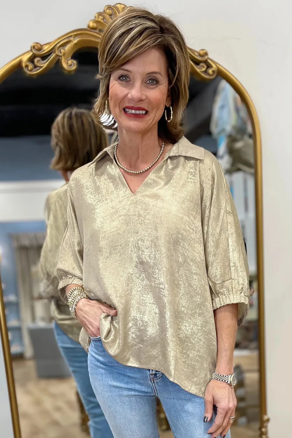 Collared V Neck Half Sleeve Top