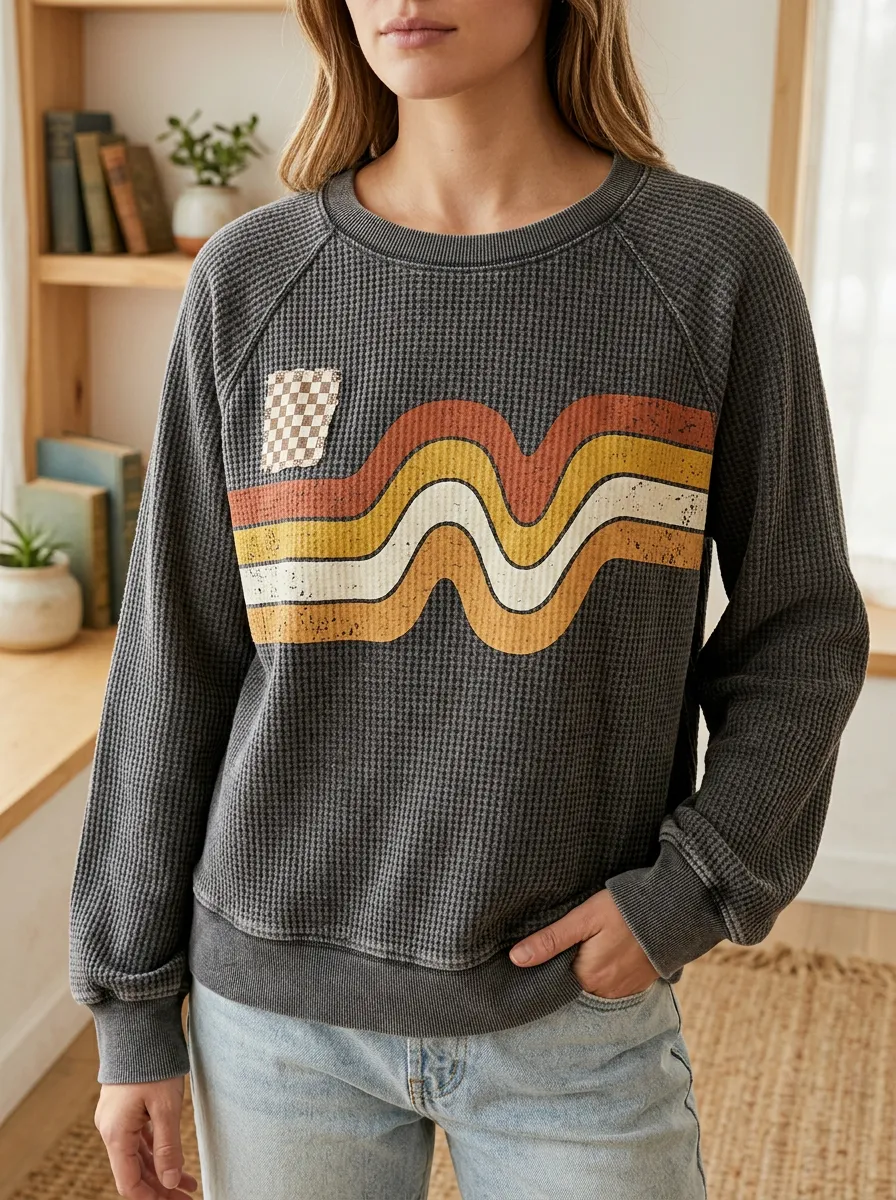 Women's Retro Wavy Stripe Checkerboard Printed Waffle Knit Sweatshirt
