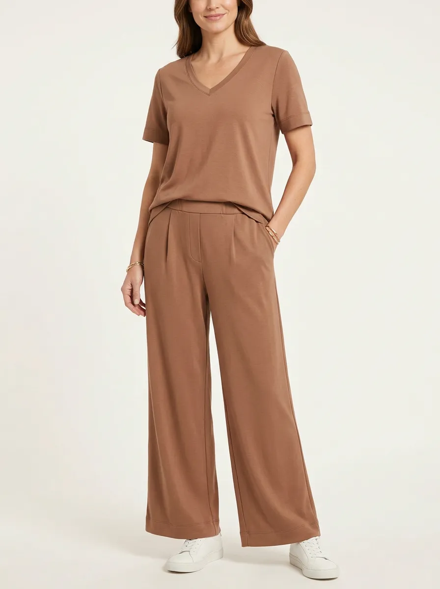 Women's Relaxed-Fit V-Neck T-Shirt and Wide-Leg Pants Set